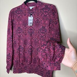 NEW J Jill Petite Medium Paisley Mock Neck Smocked Waist Long Sleeve Blouse Top